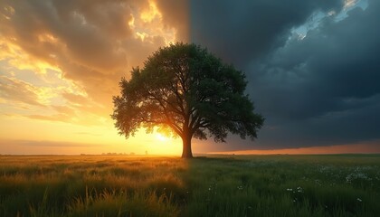 Fototapeta premium Tree stands split between bright sunlit day and dark stormy night. Represents balance day and night equal time celestial event. Harmony change season.