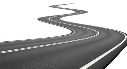 Winding asphalt road isolated PNG, perspective view with white lane markings, transportation route for travel and journey concepts © Viktor