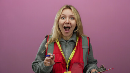 Fototapeta premium Young volunteer woman with blonde hair in surprise holding clipboard and pen standing against isolated pink wall background