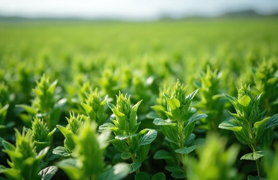 Green alfalfa plants grow in a vast field under bright sunlight. The crop shows new growth, suggesting a spring harvest is coming. This natural scene is perfect for farming themes.