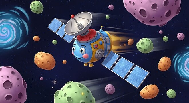 Colorful Spacecraft Exploring Asteroids in Deep Space.