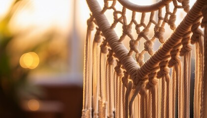close up of intricate macrame design showcasing textured knots and flowing fringes against a dreamy blurred background of warm light