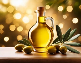 golden olive oil bottle with green leaves and olives against a soft background with sparkles