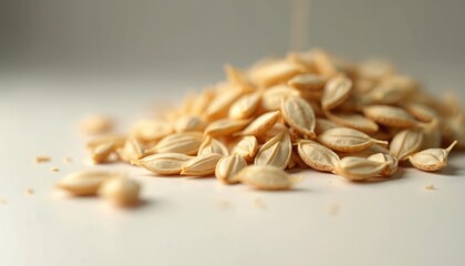 Obraz premium Pile of light beige pumpkin seeds on white surface. Close up macro view shows seed texture and shape. Seeds are light brown and oval with ribbed surface.
