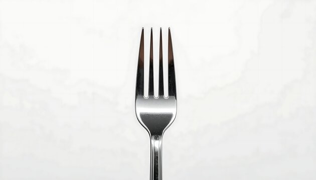 A tight close-up focusing on the polished tines of a silver dinner fork against a bright white background.
