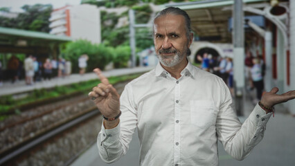 Fototapeta premium Man with long gray hair and hoary beard points finger to the tracks on a station platform, palm raised in a gesturing pose; quiet contemplation.