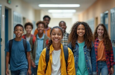 Obraz premium Diverse group of smiling school students walk down a bright hallway. Kids with backpacks are heading to class. Young people show friendship and unity. Education and learning environment.