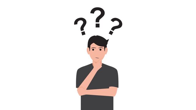 Flat character thinking animation with question marks above head on white background and green screen. 4K animated character thinking for wondering moments, confusion overlays, and motion graphics.