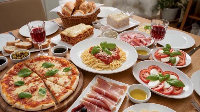 An Italian feast featuring pepperoni pizza spaghetti bolognese lasagna caprese salad and red wine is spread across a wooden dining table
