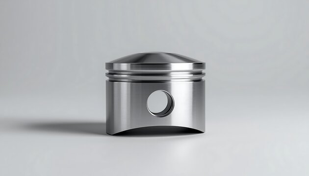 A shiny metallic engine piston with a smooth domed top and pinhole stands upright on a clean grey backdrop.