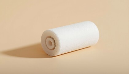 Fototapeta premium A white cylindrical foam roller with a central hole, isolated and casting a soft shadow on a beige background.