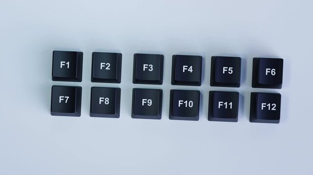4K 3D Video Animation: Function Keys F1 to F12 Keyboard Row, Computer Shortcuts and Productivity Tools Concept on Light Gray Background