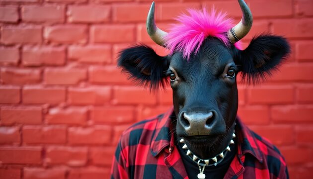 Black cow with pink punk hair and red plaid shirt wears studded collar. Animal stands against textured red brick wall. Creature has horns and ears are fluffy.
