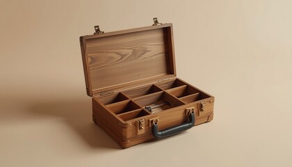 An open rustic wooden toolbox with multiple compartments, brass latches and a dark handle, on a beige background.