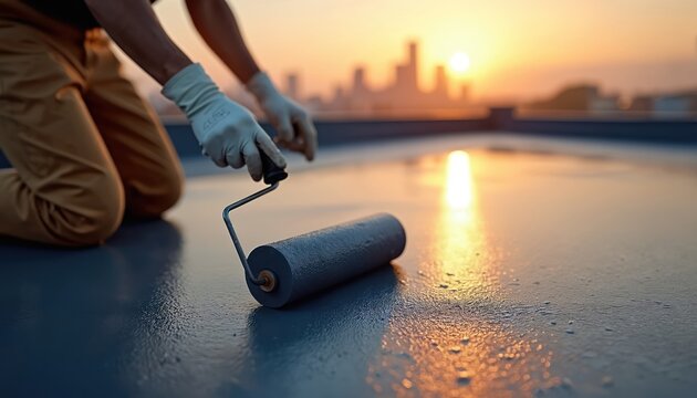 Worker applies waterproof coating to rooftop with roller brush at sunset. Construction worker protects building surface with liquid membrane for waterproofing.