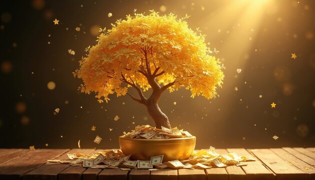 Golden money tree grows in pot with cash. Dollar bills and golden stars fall like leaves. Sunlight shines on tree in pot with money. Financial growth concept.