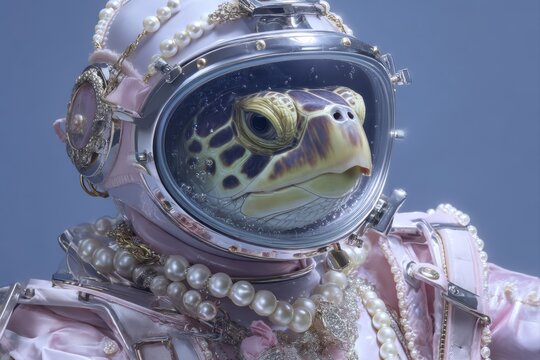 turtle diver in pearl helmet above still water cube underwater scene