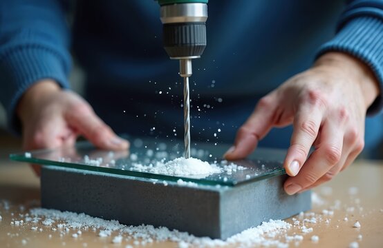 Hands hold glass sheet while drill makes hole in material. White dust particles fly from drilling process. Skillful worker uses power tool in workshop.