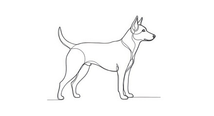 Simple line art illustration of a standing dog in profile, minimalist pet outline drawing