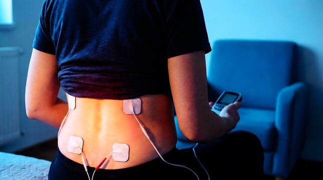 Person using tens unit for lower back pain relief, home medical technology, electrical nerve stimulation, chronic pain management, physiotherapy gadget.