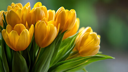 Luminous Bouquet of Yellow Tulips Glowing Against a Soft Green Background