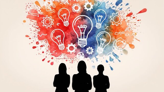 Silhouetted figures below watercolor splash with lightbulbs and gears