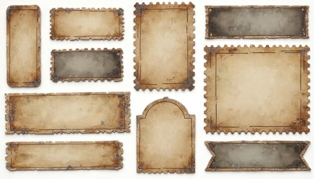 Collection of aged grunge stamp frames, banners, and rectangles with distressed paper texture. Useful for vintage design elements, retro backgrounds, and grunge overlays.