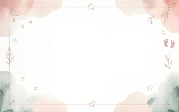 Elegant baby announcement background with stars, leaves, butterflies, and baby footprints.