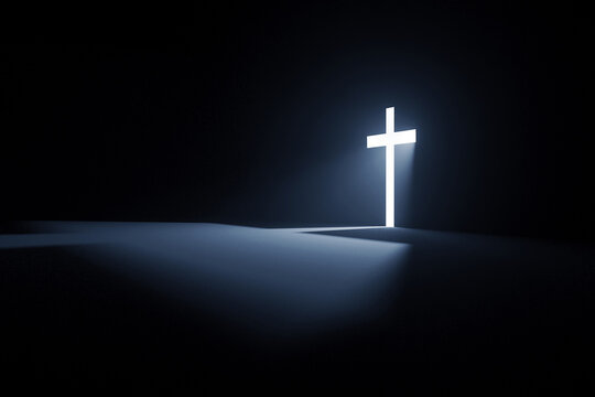Christian cross glowing in a dark room. Bright light shines through a cross-shaped opening, casting a long shadow. Concept of faith, hope, spirituality, and divine guidance in the darkness.