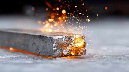 Molten metal sparks erupting from heated iron block on cold surface