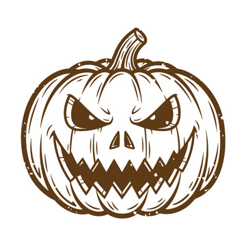 Vintage Grunge texture angry pumpkin with a toothy grin and a skull face for Halloween  a spooky and scary jack o lantern