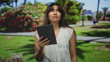 Brunette young latina woman holding tablet looking up on street near green park lawn with flowering bushes  annoyance and distraction. © Krakenimages.com