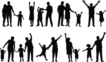 Fototapeta premium Black silhouette illustration set of family parents and children standing together, expressing love, happiness, bonding, and joyful human relationships