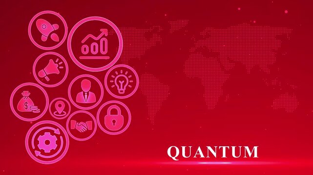 Business concept icons and world map on red background with the word QUANTUM Keywords: business, quantum, computing, technology, innovation, advanced, science, research, world map
