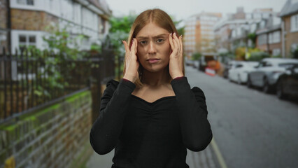 Fototapeta premium Young woman with blonde hair adjusting her face in an urban street setting with cars and buildings around, wearing black top on a city street in daylight.
