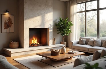 Fototapeta premium Modern living room with fireplace and large window. Comfortable sofa and coffee table create a warm, inviting atmosphere. Natural light streams in, highlighting elegant decor and houseplant.