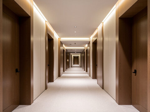 Ein Gang eines Hotels in dem die t&uuml;ren zu mehreren Zimmern zu sehen ist . Menschenleer. KI Generiert