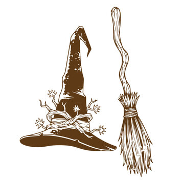 Vintage Grunge texture witch hat and broomstick on white background for halloween or magic themes