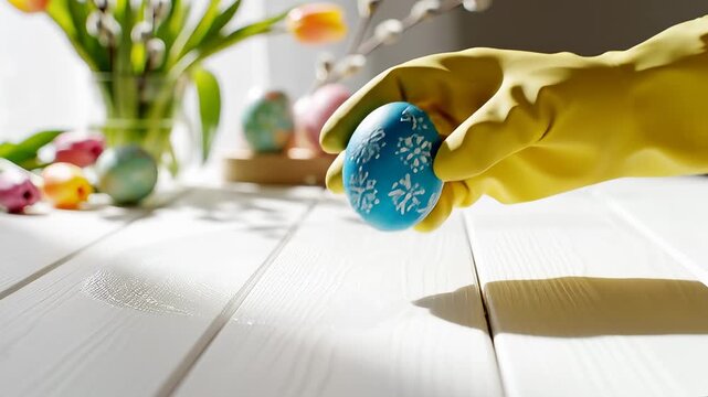 Hand in yellow glove cleans white table while blue decorated egg is set to roll. Bright setting with flowers and pastel decorations. Concept of cleaning, home care, seasonal decoration