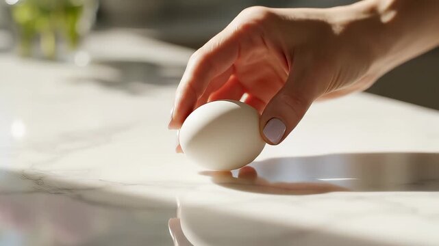 Hand wipes clean surface while another hand rolls white egg on countertop. Bright kitchen with sunlight and minimal decor. Concept of cooking, food safety, culinary arts