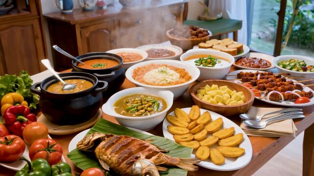 A vibrant West African feast featuring jollof rice grilled tilapia fufu egusi soup and plantains is spread across a wooden table with fresh vegetables