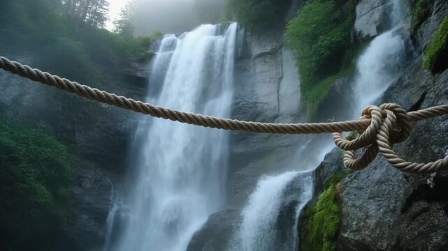 A rugged rope spans a stunning multi-tiered waterfall cascading down a rocky cliff surrounded by lush greenery in a natural setting
