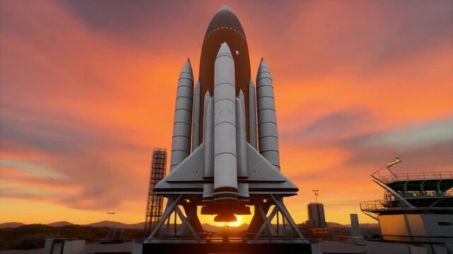 A rocket on a launchpad at sunset, preparing for blast off, with a control tower and mountains in the background