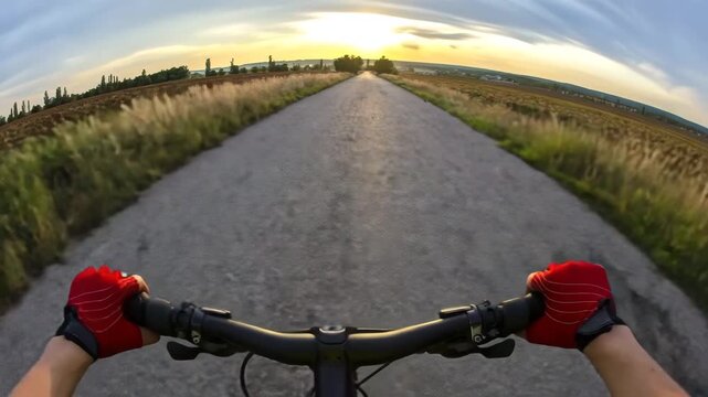 A person rides a bicycle down a dirt road. The sun sets in the background, casting light on the open fields. The hands grip the bike's handlebars tightly.