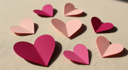 Obraz premium Composition of pink paper heart on beige textile, Valentine's Day theme. Symbolizes affection, tenderness, and romantic feelings, ideal for special occasions.