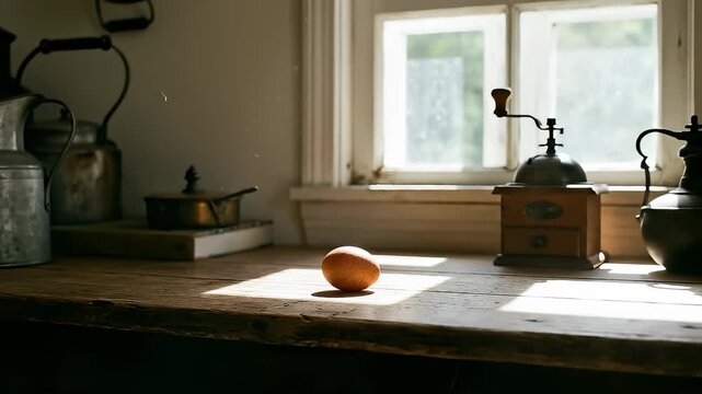Egg is placed on wooden table with sun streaming through window. Rustic kitchen setting with vintage items adds charm. Concept of cooking, home kitchens, food preparation