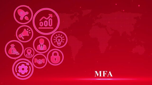 MFA Business Icons with World Map and Text on Red Background multi-factor authentication security