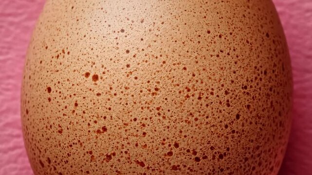 Brown egg placed on pink surface. Close-up angles show details of texture and color. Concept of food, cooking, culinary art