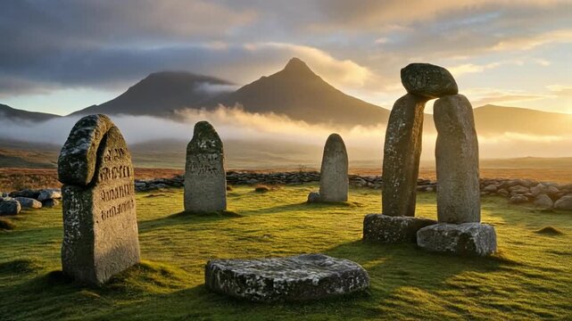 Ancient stone structures on a grassy field with a mountain range in the background at sunrise or sunset