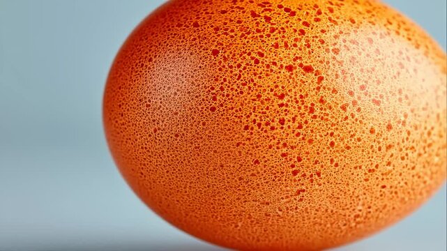 Orange speckled eggs displayed on smooth blue surface. These eggs highlight distinct texture and design. Concept of culinary arts, food photography, egg production